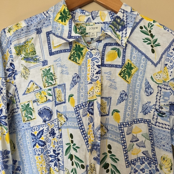 J Crew Linen Blend Coastal Patchwork Lemons Button Up Shirt XL Euro Summmer NWT - Picture 5 of 16